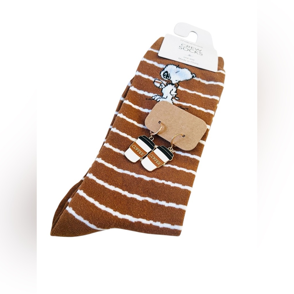 Maurices Snoopy and Coffee Themed Socks with Earrings - LAST ONE